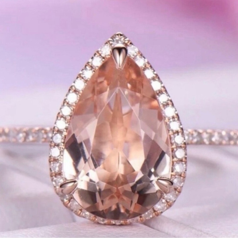 Rose Gold Teardrop Morganite Halo Ring - Elegant Pink Stone - Picture 2 of 6